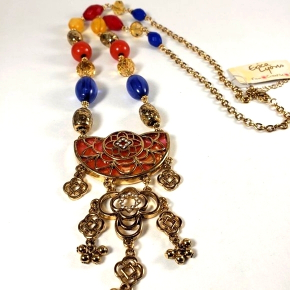 Erica Lyons 26" Gold-tone Multi-Color Beaded Necklace with Filigree Drop Pendant - Picture 1 of 9